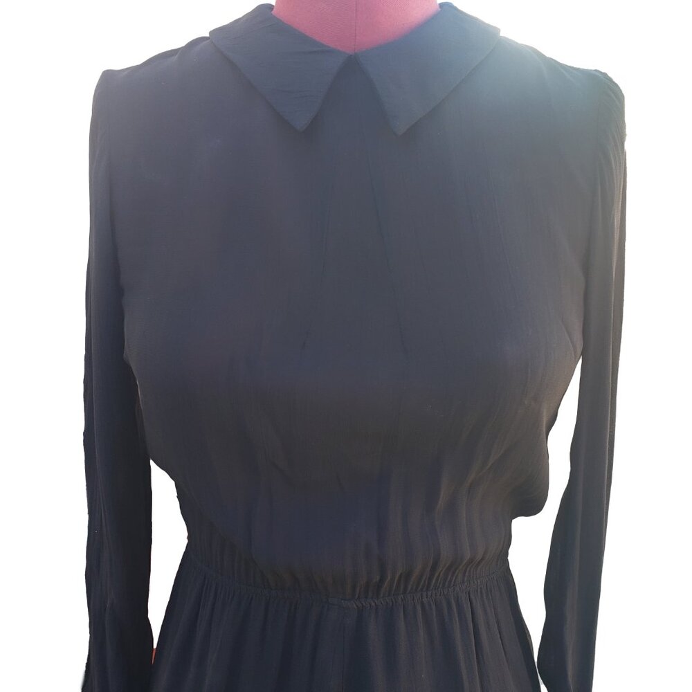 Reformation Dress Black Chiffon Collar Long Sleeve Mini Elastic Waist XSmall - Picture 2 of 9